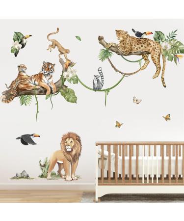 decalmile Jungle Animals Tree Branch Wall Stickers Safari Lion Leopard Tiger Wall Decals Baby Nursery Kids Room Playroom Wall Decor
