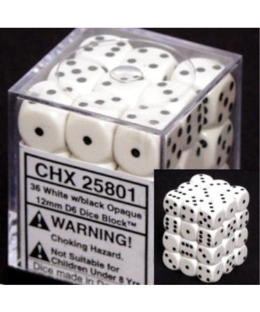 Chessex Opaque 12mm d6 White w/Black Dice Block 36 Dice
