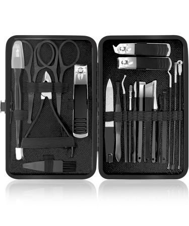 Manicure Set 21 Pcs Professional Pedicure Kit Nail Clippers Set Stainless Steel Care Tools Grooming Kit With Travel Case Cuticle Remover Toe Toenail Cutter Set For Thick Nails Men Women Gift (Black)