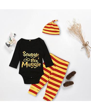 Baby Snuggle This Muggle Bodysuit Set 6-9 Months | Black Long Sleeve Outfit with Striped Pants & Hat - Buy Online on SooperMarket.com