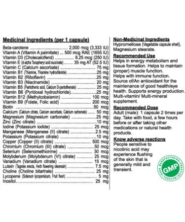 Nutridom Daily Multivitamin for Men with Vitamin A D3 E C B Biotin Calcium Magnesium Zinc Iodine Copper Chromium Selenium Molybdenum Vanadium Lutein Choline Lycopene Inositol Beta-carotene (60 Capsules) - Buy Online on SooperMarket.com