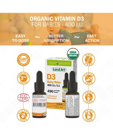 Certified Organic Vitamin D3 Drops - For Baby - 400 IU per drop - 490 servings - Development and maintenance of bones and teeth - GMO free - Gluten free - Made in Canada - 13.5 ml (Pack of 2) - Buy Online on SooperMarket.com