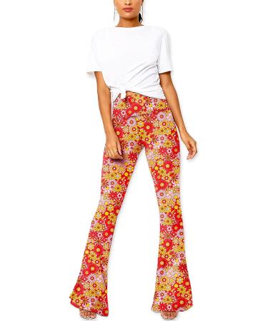 Deerose Women's High Waist Orange Floral Bell Bottom Flare Pants - Medium - Buy Online on SooperMarket.com