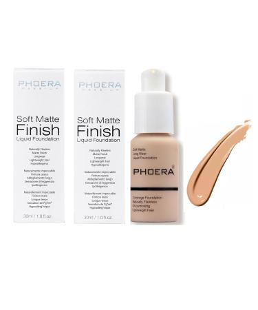 Phooera Fulll Coverage Liquid foundation Matte Finish Concealer Long wear 24hrs Oil Controlling Naturally Flawless Lightweigt Feel Buildable Fond de teint (2 X 104)