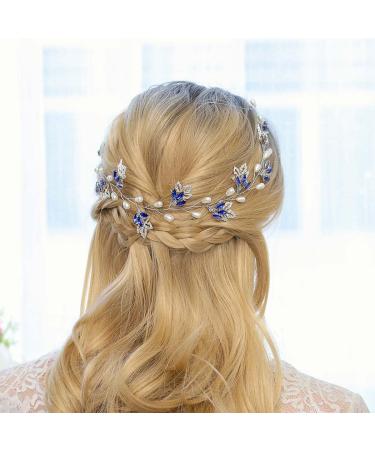IYOU Bridal Wedding Hair Vine Blue Rhinestone Headband Leaf Pearl Prom Headpiece Accessories for Bride Bridesmaid - Buy Online on SooperMarket.com
