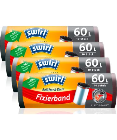 Swirl tear -resistant & densely fixing tape garbage bag 60 l (4 x 10 bags) drip -safe garbage bags for household waste tearproof garbage bags for safe hold on the trash can black 10 pieces (4 Pack)