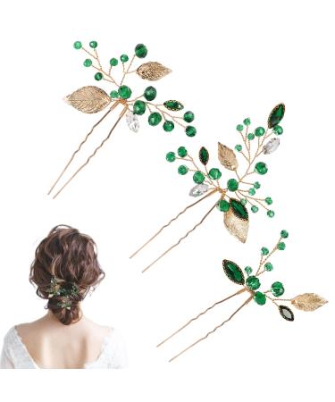 Bride Leaf Hair Pins 3 Pcs Bride Wedding Hairpins Vintage Gold Leaf Vine Barrettes Emerald Green Crystal Hair Pieces Green Rhinestones Hair Clips Bridal Hair Accessories for Women and Girls