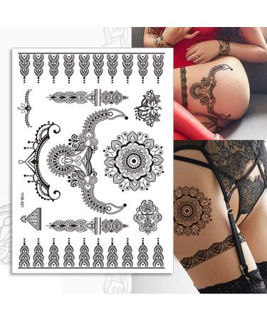 Black Henna Temporary Tattoo Stickers - Lace Pattern Body Art Design for Women - Waterproof and Sexy Mandala Flower Fake Tattoos - 6 Sheets - Buy Online on SooperMarket.com