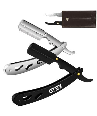 Cut Throat Razor Kit by GTEX - 2 Straight Razor with Leather Pouch - Matte Black and Silver Cutthroat Razors Men - Professional Barber Razor - Shaving Razor Beard Razors Silver and Black