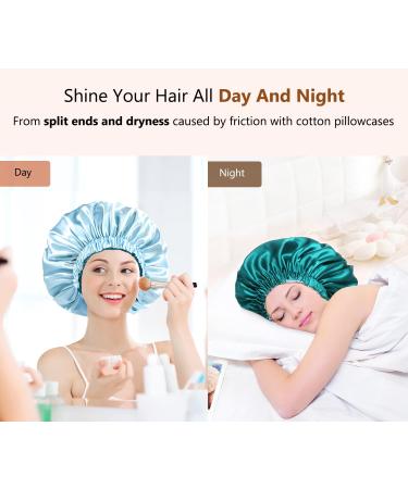 Mikimini Satin Sleep Hood for Long Curly Hair | 2 Pack Green & Light Blue | Double-Layer Silk Hair Caps for Women | Extra Large Stretchy Sleep Caps - Buy Online on SooperMarket.com