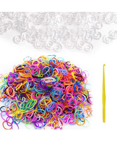 600Pcs Colorful Rubber Bands Refill + 480Pcs S Clip+ 1 Hook for Rubber Band Knitting Hook Tool Kit DIY Rubber Band Bracelet Woven S Clips Connectors Refills for DIY Bracelet Kit