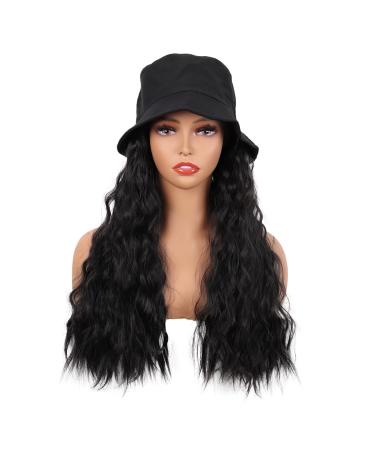 MapofBeauty 24 Inch /60 cm Hat Wig Women Beautiful Long Wavy Curly Synthetic Daily Use Wig (Black)