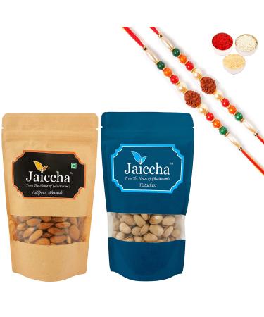 Jaiccha Ghasitaram Rakhi Gifts for Brothers Rakhi Dryfruits - Almonds 100 GMS and Pistachios 100 GMS Pouches with 2 Rudraksh Rakhis Almond 200 gms