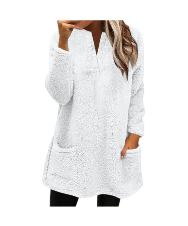 AMhomely Ladies Womens Soft Teddy Fleece Hooded Jumper Plus Size Double Fleece Casual Hoodies With Pocket V Neck Soft Fleece Hooded Sweatshirts Plain Pullover Tops Winter Lightweight Lounge Tops 02 White M