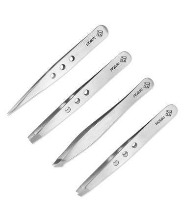Tweezers Set Eyebrows Kit Professional Stainless Steel Set - 4 Pieces with Leatherette Travel Case Perfect for Facial Hair Beauty and Personal Care Tool Hobri International silver (HTZK-001)