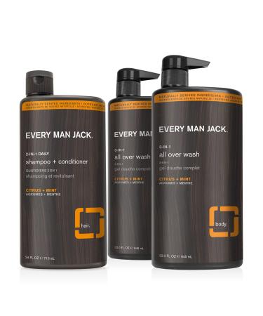 Every Man Jack Men s All Over Wash + Shampoo Set - Cleanse All Skin Types and Fight Odors with Naturally Derived Ingredients and Citrus + Mint Scent - All Over Wash Twin Pack + 2-in-1 Shampoo