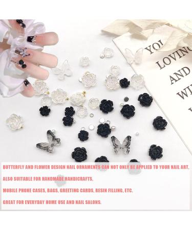 3D Flower Nail Charms 200 Pcs White Black Clear Acrylic Camellia Nail Art Charms Rose Butterfly Nail Rhinestones Gems Jewelry with Mini Caviar Beads Pearls (White+Black+Clear) - Buy Online on SooperMarket.com