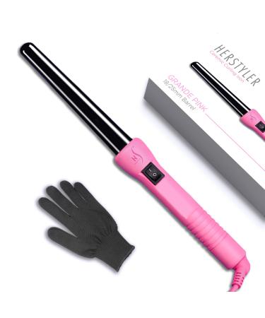 HerStyler Grande Ceramic Curling Iron - 1 inch Pink (Curling Wand for Long Short Hair Dual Voltage Negative Ions Tapered Barrel User Friendly PF30)