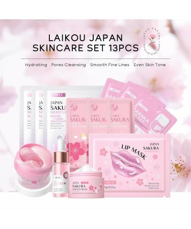 Japan Sakura Facial Skincare Set - 13PCS Hydrating Gift Set for Teenage Girls & Women | Serum Cream Eye & Lip Masks - Buy Online on SooperMarket.com