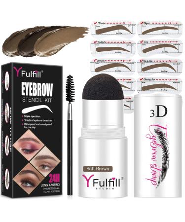 Yfulfill Eyebrow Stencils and Shaping Kit Soft Brown Adjustable Professional Waterproof Long Lasting Buildable Eyebrow Powder Stamp with 10 Eyebrow Stencils