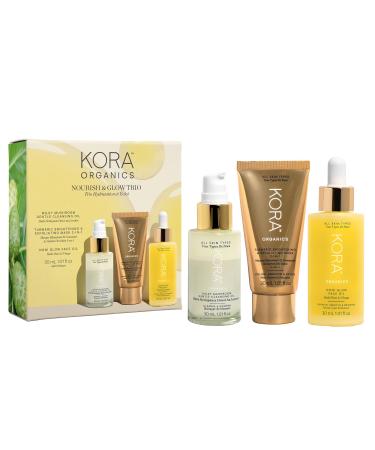KORA Organics Nourish & Glow Trio Gift Set with Noni Glow Plumping Face Oil Turmeric Exfoliating Mask and Milky Mushroom Cleansing Oil (3 Items)