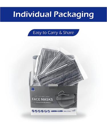BlueEagle 4-Ply Individually Wrapped Disposable Adult Face Masks - 50 Pcs | Activated Carbon Filter | Large Fit | Charcoal Black Color - Buy Online on SooperMarket.com