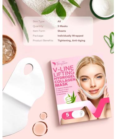 FairyFace V Line Shaping Face Masks - 5 Count Double Chin Reducer and Anti-Aging Hydrogel Collagen Mask with Aloe Vera and Seaweed - Anti-Wrinkle Lifting Treatment - Buy Online on SooperMarket.com