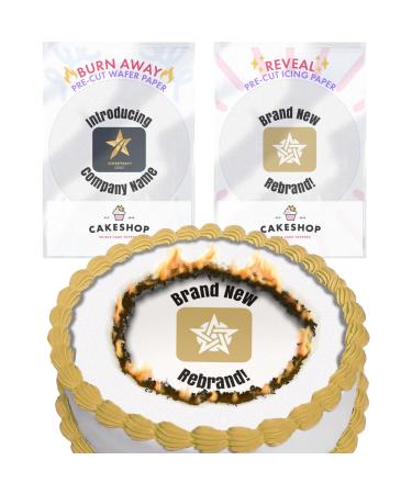Cakeshop Burn Away Edible Cake Topper Pack | 1 x Icing sheet & 1 x Wafer Sheet | Corporate Business Rebrand Celebration Theme | Personalise With Your Custom Images & Text | Choose Shapes & Sizes Prime