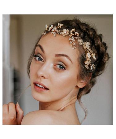 SWEETV Rose Gold Wedding Headband for Bride Floral Bridal Headband Rhinestone Headpiece Wedding Hair Accessories