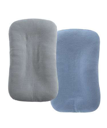 HOMBYS Muslin Baby Lounger Cover 2 Pack for Newborn, 100% Cotton Lounger Slipcover, Ultra Soft Removable Cover for Infant Lounger Pillow (Blue & Grey)