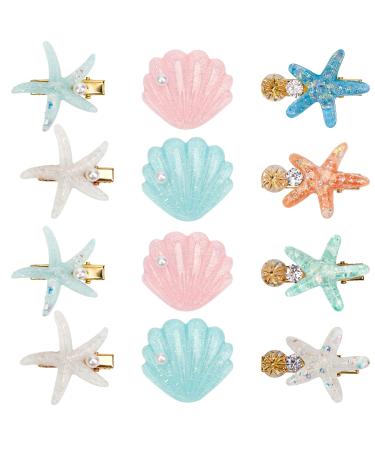 12 Pieces Shell Pearl Starfish Hair Clip Set  Catcan Acrylic Resin Seashell Hair Clips Artificial Star Alligator Hair Clips for Girls Women Headwear Styling Tools Hair Accessories (classic style)