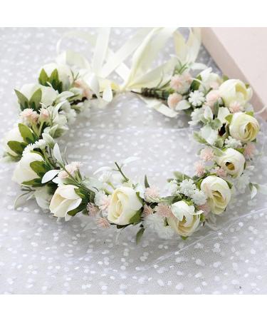 Hjhiwe Adjustable White Rose Bridal Crown - Boho Floral Headdress for Weddings & Photography - Rustic Beige Headband for Brides & Girls - Buy Online on SooperMarket.com