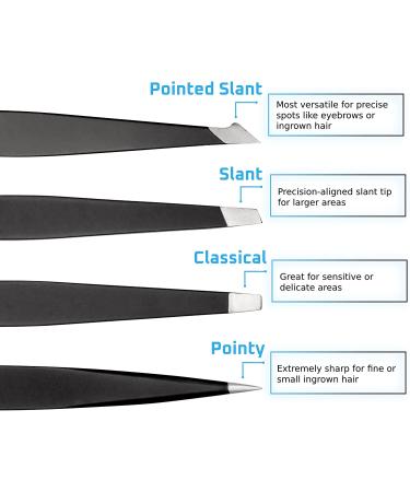 Rikans Precision Tweezers Set - Pack of 4 Black Professional Tweezers - Stainless Steel for Splinters, Eyebrows, Facial Hair, Blackheads - Includes Handy Carry Pouch - Buy Online on SooperMarket.com