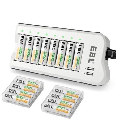 EBL 2300mAh Ni-MH AA Rechargeable Batteries (16 Pack) and Rechargeable AA AAA Battery Charger with 2 USB Charging Ports 808U+16 AA 2300mAh