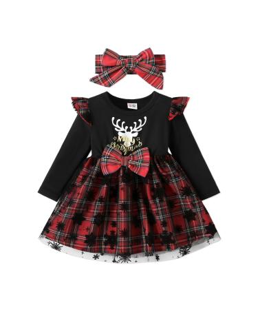 PATPAT Baby Girl Dress Long Sleeve Tutu Dress Infant Girl Tulle Dress Flower Girl Christmas Party Birthday Princess Dresses 3-6 Months Black