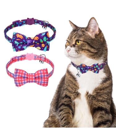 EXPAWLORER Breakaway Cat Collar with Bow tie and Bell, 2 Pack Cute Kitten Safety Collars with Plaid Dinosaur Universe Pattern Purple