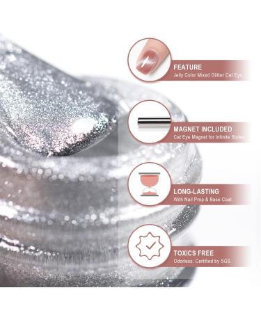 9D Cateye Gel Nail Polish - Nude Sheer Pink with Silver Glitter - 15ml Single Bottle with Magnet Stick - UV/LED Curing - Soak Off - Home Salon - Buy Online on SooperMarket.com
