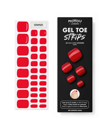 MOYOU LONDON Semi Cured Gel Nail Wraps 32 Pcs Gel Nail Polish Strips for Salon-Quality Pedicure Set with Nail File & Wooden Cuticle Stick (UV/LED Lamp Required) - Red Ridding Hood