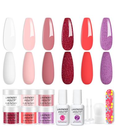 Lavender Violets 12Pcs Dip Powder Nail Kit Starter - 6 Colors Nude Pink Neutral Skin Dipping Powder System Liquid Set with Base & Top Coat Activator for French Nail Art Manicure Salon DIY at Home M202 French Pink