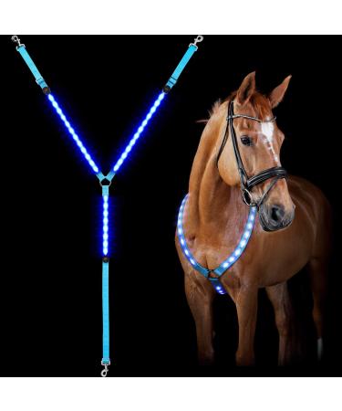 Frienda LED Light Horse Breastplate Collar Adjustable Visibility Tack Equestrian Safety Gear with 3 D-Ring 3 Lighting Modes for Night Horse Back Riding Horse Show (1 Piece, Blue)