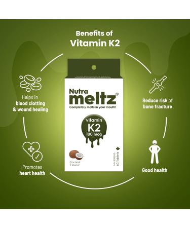 Nutrameltz Vitamin K2 100 mcg Vitamin K2 as MK7 Supplement for Strengthening Teeth Bones Promotes Heart Health Quick Dissolving Tablets for K2 Vitamin Deficiency Coconut Flavour (60 Tablets) - Buy Online on SooperMarket.com