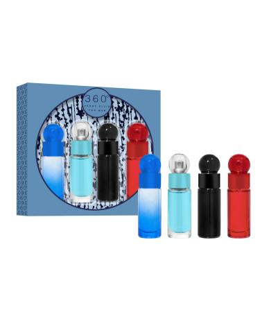 Perry Ellis Men's 4-Piece Mini Gift Set - 360 Men 360 Red 360 Very Blue 360 Black (4-pack of .25 fl oz EDT mini travel sprays)