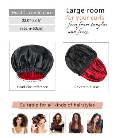 Mikimini Black Satin Bonnet for Curly Hair | Silk Sleep Cap for Women and Men | Reversible Double Layer X-Large Night Cap | Soft Stretchy Hair Care Bonnet (Black+Red) - Buy Online on SooperMarket.com