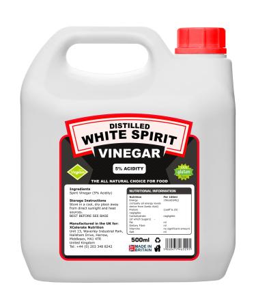 XCelerate Nutrition Distilled White Spirit Vinegar 500ml (5% Acidic)for Cleaning Weed Killing Pickling Marinating & Cooking Distilled White Vinegar Produced in The UK (1 Pack) 500 ml (Pack of 1)