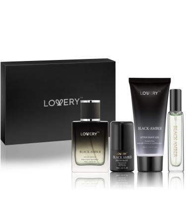 Mens Valentines Gifts Black Amber Mens Perfume 4 in 1 Deodorant & Cologne Gift Set - 4pc Mens Cologne Set - Parfum Antiperspirant Deodorant Stick Aftershave Gel Masculine Birthday Perfumes for Men
