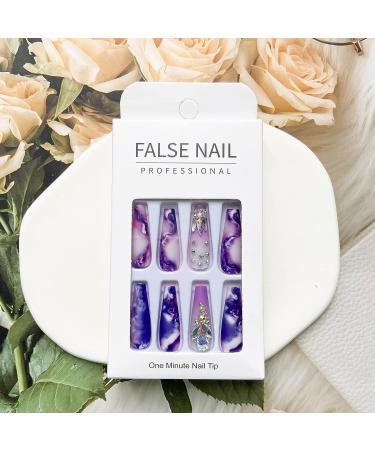 24Pcs Purple Rhinestone Long Coffin Press on Nails - Full Cover Acrylic Matte Artificial Luxury Nails for Women and Girls - Buy Online on SooperMarket.com