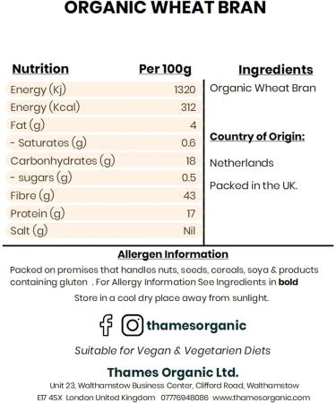 Certified Organic Wheat Bran 600g - Raw Vegan, GMO Free - Ideal for Baking & Smoothies - Thames Organic - Buy Online on SooperMarket.com