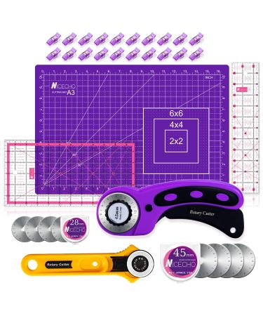 Rotary Cutter Set,Nicecho Sewing Quilting Supplies,45mm & 28 mm Fabric Cutters,8 Rotary Cutter Blades,A3 Cutting Mat for Sewing,6x12 & 2.5x12 In Quilting Rulers,Ideal Quilt kits for Lovers & Beginners