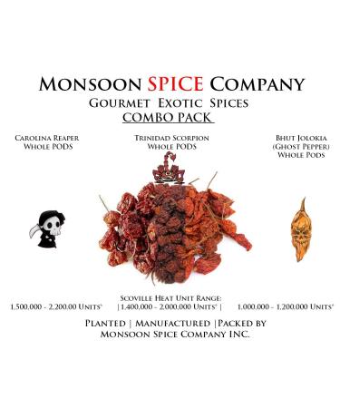 Monsoon Spice Company Carolina Reapers Dry Whole Pepper Pods * Hottest Peppers in the World | Free Domestic Shipping (Combo Deals, Carolina + Scorpion + Ghost Pepper ( 6 PODS EACH ))