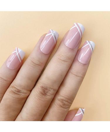 French Short False Nails - Pink Hypotenuse Square Press On Nails for Women & Girls | 24pcs Gift Set for Parties - Buy Online on SooperMarket.com